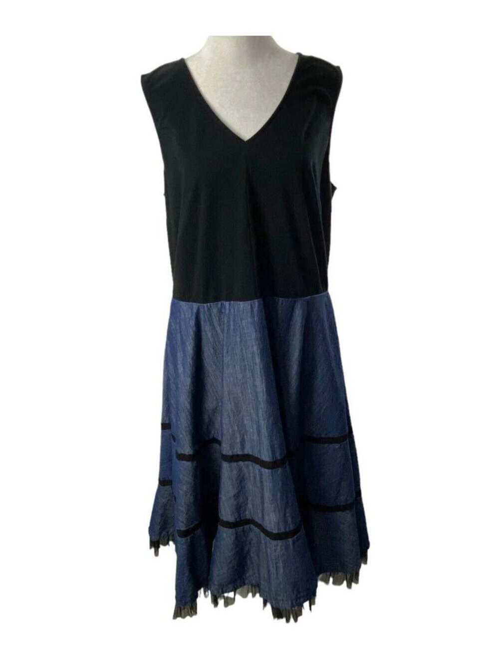 eSHAKTI‎ Women V Neck Fit Flare Sleeveless Lace Midi Dress Sz L Blue Black 19-5